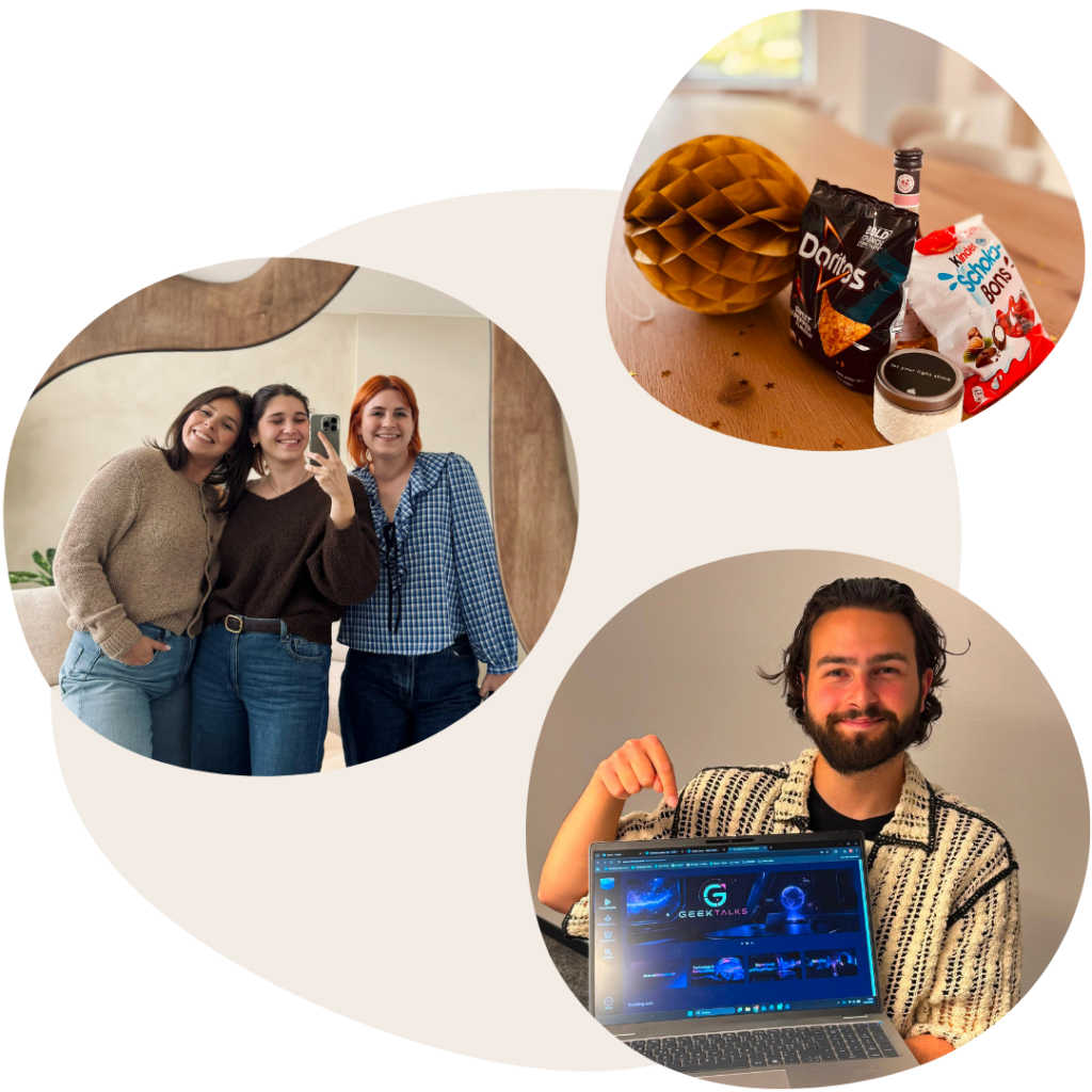 Collage van E-Volve Business Stylists die samen een verjaardag vieren, een spiegel-selfie nemen en een project op een laptop tonen.