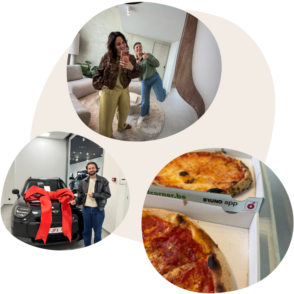 Collage van het E-Volve team met een spiegel-selfie, een nieuwe bedrijfswagen met een grote rode strik en pizza's op kantoor.