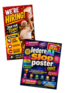 Voorbeelden van opvallende wervingsposter en actieposter voor personeelswerving en promotie.