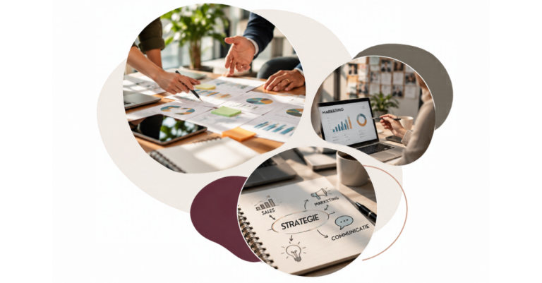 Collage van een strategisch overleg, marketingresultaten en een gezamenlijk plan voor betere samenwerking tussen sales, marketing en communicatie.