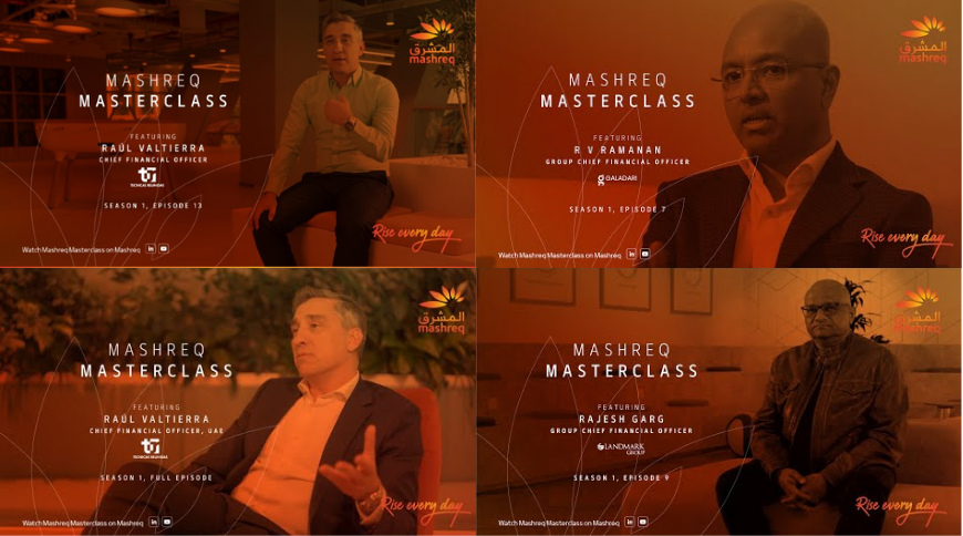 Collage van vier afleveringen van de Mashreq Masterclass, waarin financiële leiders hun inzichten delen over strategie, leiderschap en zakelijke groei.
