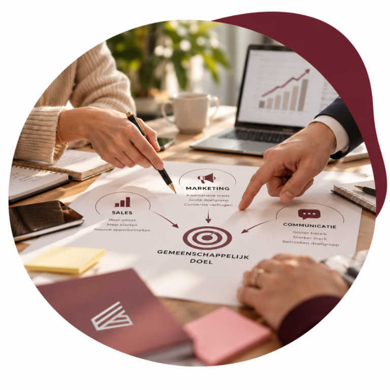 Drie professionals stemmen sales, marketing en communicatie op elkaar af tijdens een strategisch overleg rond één gezamenlijk commercieel doel.