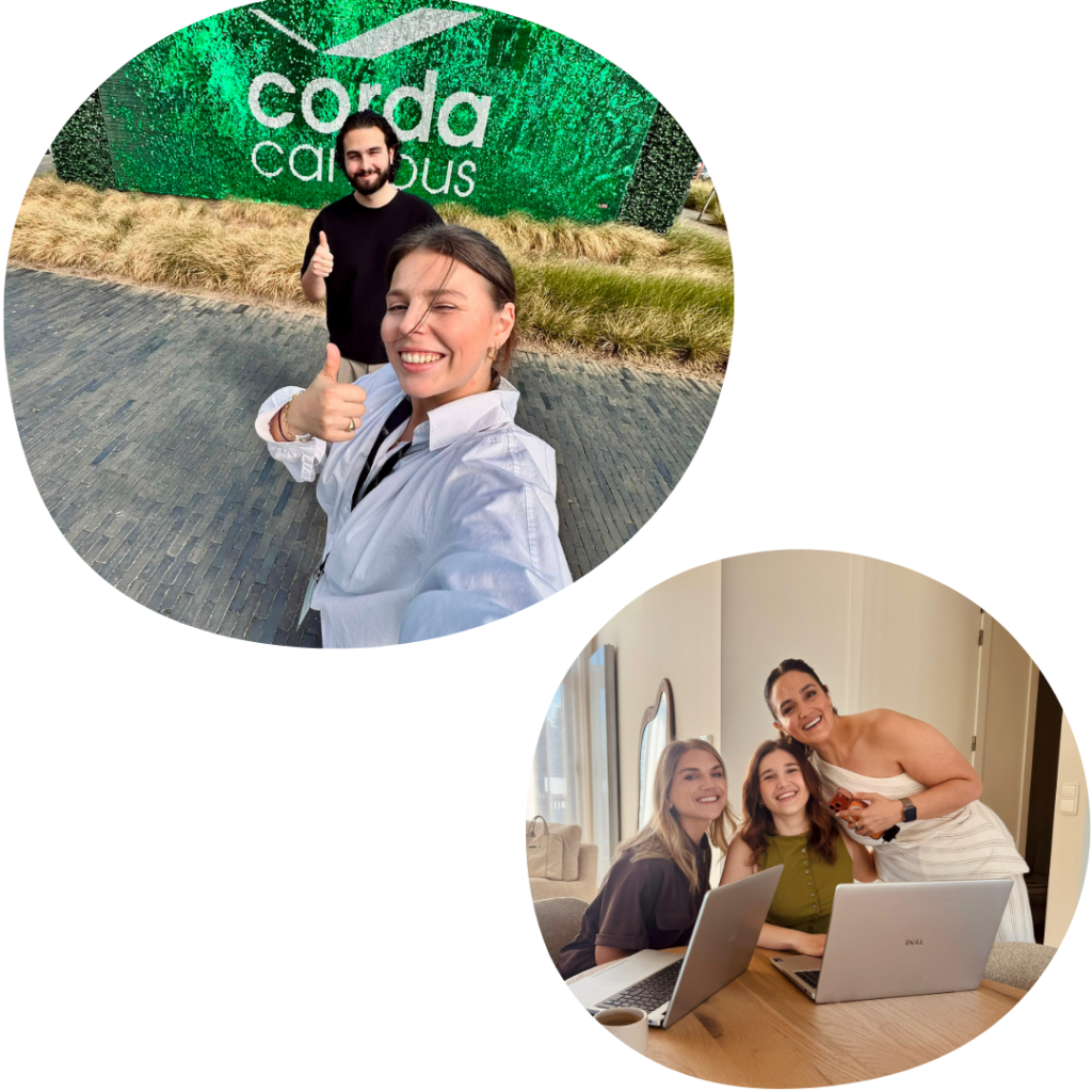 Collage van E-Volve collega's die samen op de foto staan bij Corda Campus en samenwerken aan laptops.
